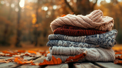 Stack of warm sweaters on table in autumn garden