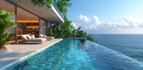 Modern two-story villa with pool, overlooking the sea and jungle on top of a cliff, blue sky. Created with Ai