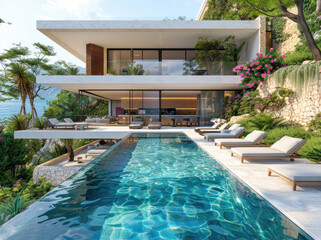 Modern luxury house with infinity pool and terrace overlooking the sea, plants on balconies. Created with Ai