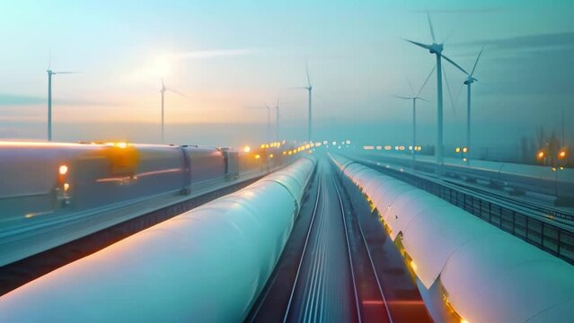 Industrial pipeline systems transporting hydrogen and gas with wind turbines in the background. Concept Industrial infrastructure, Energy transport, Hydrogen pipeline, Gas distribution