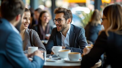 Team collaboration and networking: diverse group of business professionals engaging in a productive coffee break discussion