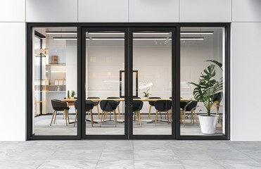 A black frame white glass door leading to an office with several chairs and tables