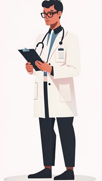 A man in a white lab coat is reading a clipboard. He is wearing glasses and has a serious expression on his face. Vertical video