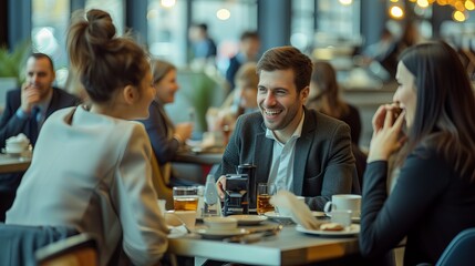 Team collaboration and networking: diverse group of business professionals engaging in a productive coffee break discussion