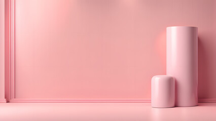 a pink room with a vase and a vase on the floor