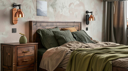 Rustic modern bedroom with copper wall sconces, walnut wood bedside cabinet, and olive green blanket.