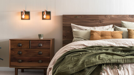Rustic modern bedroom with copper wall sconces, walnut wood bedside cabinet, and olive green blanket.