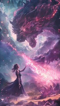Persephone using dark magic to subdue a menacing Chimera, illustrated in a dramatic and vibrant fantasy artwork. Vertical video