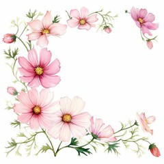 cosmos themed frame or border for photos and text. delicate pink and white. watercolor illustration, Floral wedding invitation template.