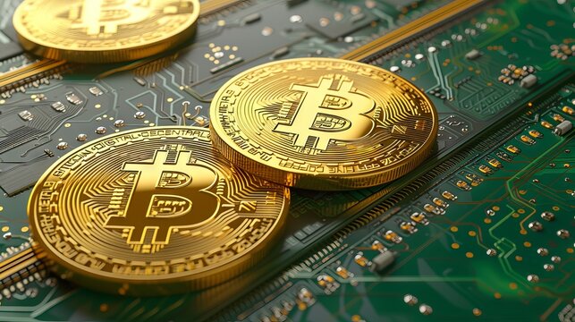 Illuminated golden bitcoin symbol on electronic circuit board - A visual metaphor for cryptocurrency technology and digital finance