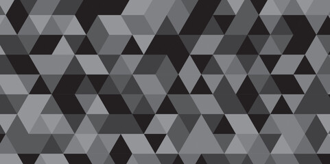 	
Abstract geometric black and gray background seamless mosaic and low polygon triangle texture wallpaper. Triangle shape retro wall grid pattern geometric ornament tile vector square element.