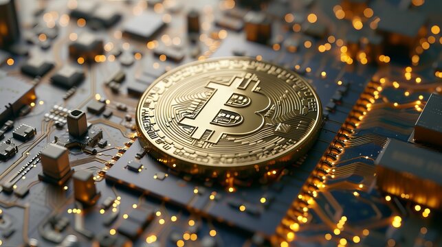Illuminated golden bitcoin symbol on electronic circuit board - A visual metaphor for cryptocurrency technology and digital finance