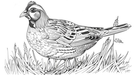 coloring book line drawing white background quail standing in grass  