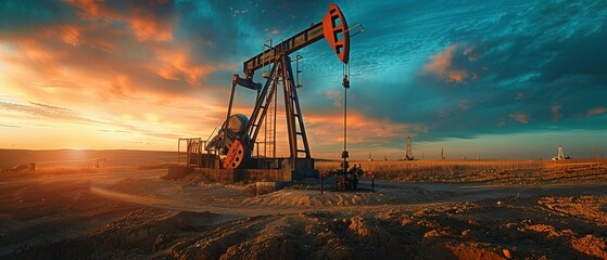 Oil and gas technology. Pumpjacks On Sunrise. Silhouette of oil pump jack on rig. Oil drilling company growth. Financial and commodity markets. oil and gas industry, technology, oil and gas.