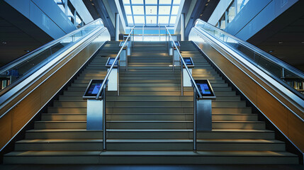 Public library features a sleek staircase surrounded by digital access points.