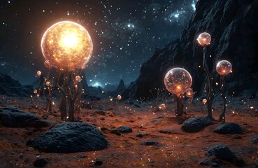 abstract Glowing particle Sparkles on alien planet landscape forest 3d rendering v2