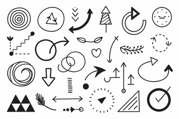 Doodle lines, Arrows, circles and curves vector. hand drawn design elements