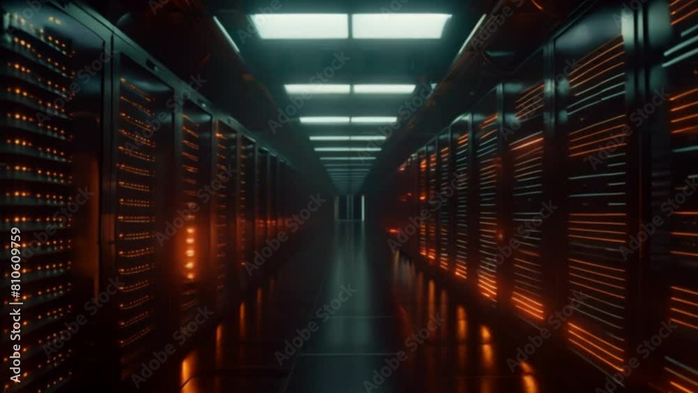 Poster internet concept data background,corridor in working data center full of rack servers and supercompu