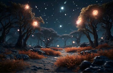 abstract Glowing particle Sparkles on alien planet landscape forest 3d rendering v2