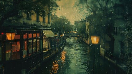 A fusion of grunge elements and rainy ambiance captured in a vintage-inspired scene.