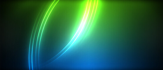 A neon green and electric blue liquid wave creates a mesmerizing visual effect lighting on a dark background, resembling an astronomical object glowing with a lens flare