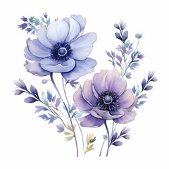 anemone themed frame or border for photos and text. purple and blue blooms.. watercolor illustration, Design for fabric, wallpaper,  wedding, greeting card design.