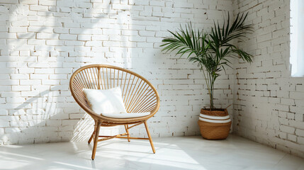 Stylish chair and houseplant near white brick wall