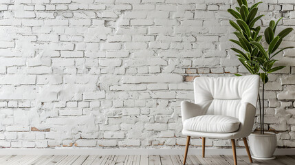 Stylish chair and houseplant near white brick wall