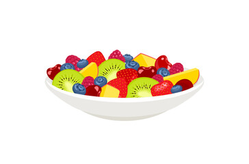 Salad with fresh fruits and berries in white plate. Vector cartoon flat illustration of healthy food.