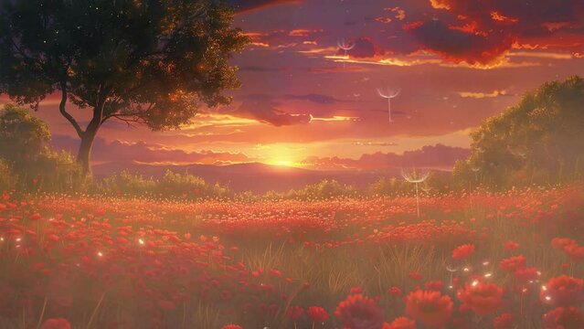 nature background. luminous sunset in the ruby meadow a luminous evening. seamless looping overlay 4k virtual video animation background