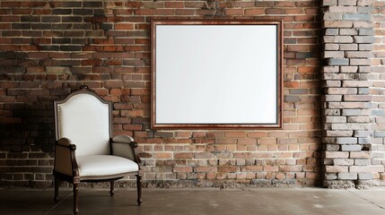 Elegant Home Interior with Vintage Chair and Blank Art Frame against Brick Wall