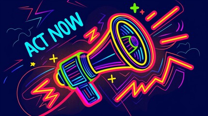 ACT NOW. Vibrant Neon Artwork with Megaphone and Motivational Message in Bright Colors
