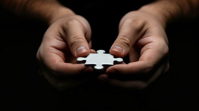 Close-Up of Hands Holding the Final White Jigsaw Puzzle Piece in a Dark Setting
