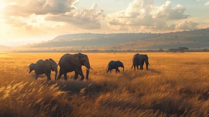 A family of elephants walking majestically across a vast savanna, emphasizing the importance of wildlife conservation.