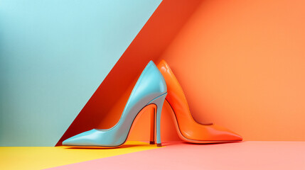 Stylish female high heels on color background