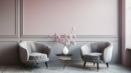 Stylish grey armchairs and table near lilac wall