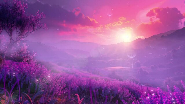 luminous sunset in the valley. a radiant evening scene. seamless looping overlay 4k virtual video animation background