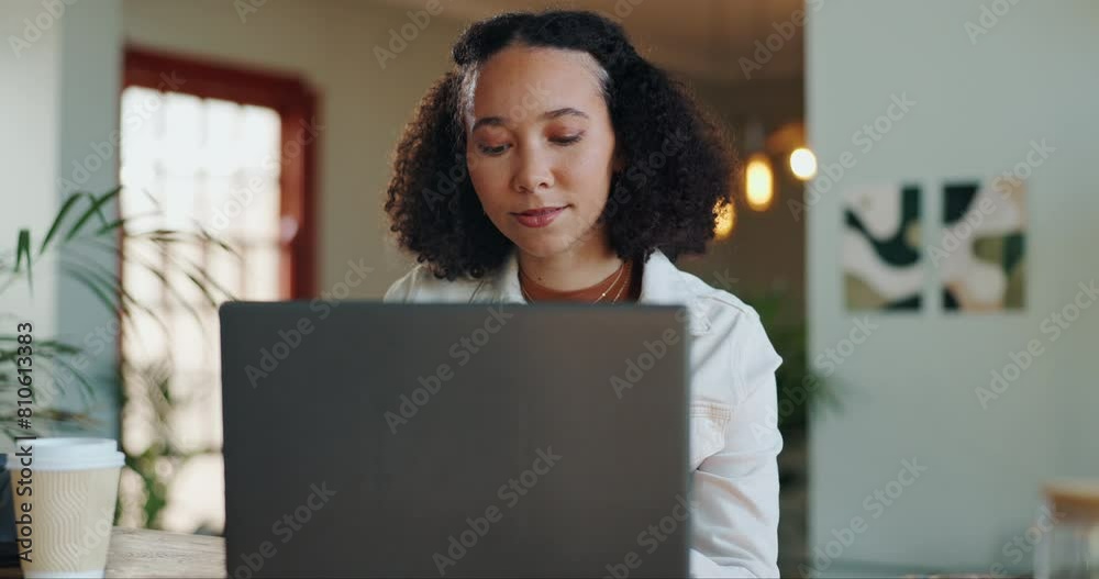 Poster woman, laptop and typing or reading in home for business, virtual assistant with email. female perso