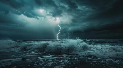 A dramatic shot of a lightning bolt striking over a stormy sea, with waves crashing against the shore. - Powered by Adobe