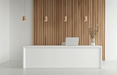 A blank white reception desk with light wood accents, set against an all white background