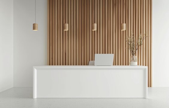 A blank white reception desk with light wood accents, set against an all white background