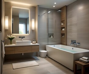 Modern style bathroom interior design with square bathtub, sink, and mirror.