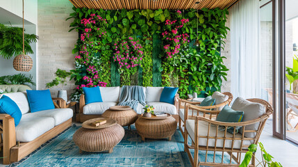 Natural-themed living room with blue accents and lush vertical gardens.