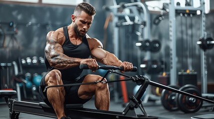 Muscular man intensely working out on a rowing machine in a gritty, industrial-styled gym