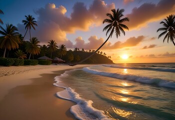 4. Sunset scene of a summer beach at sunset. Vacation spot landscape. 3D rendering