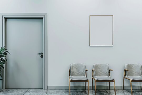 A blank white wall in the waiting room of an office building with three chairs and one door on it, a small plant next to them