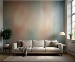 Cozy living: stylish sofa and furniture in a comfortable home interior. 3D rendering. Rainbow colored wall