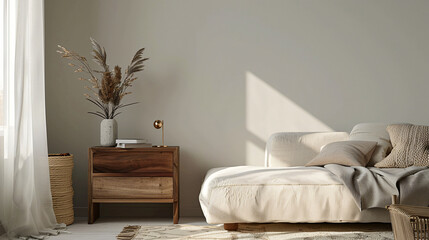 Stylish interior with wooden bedside table and couch n