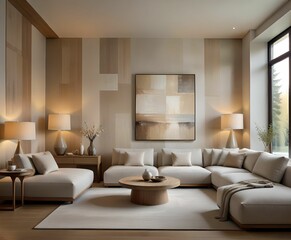 Cozy living: stylish sofa and furniture in a comfortable home interior. 3D rendering. Large picture frames