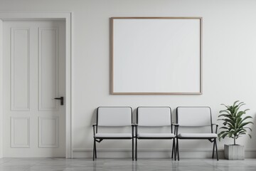 Fototapeta premium A blank white wall in the waiting room of an office building with three chairs and one door on it, a small plant next to them